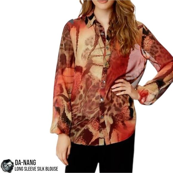 DA-NANG BOHEME SILK BUTTON DOWN LONG SLEEVE BLOUSE IN VINTAGE SUNSET ABSTRACT - Picture 12 of 12